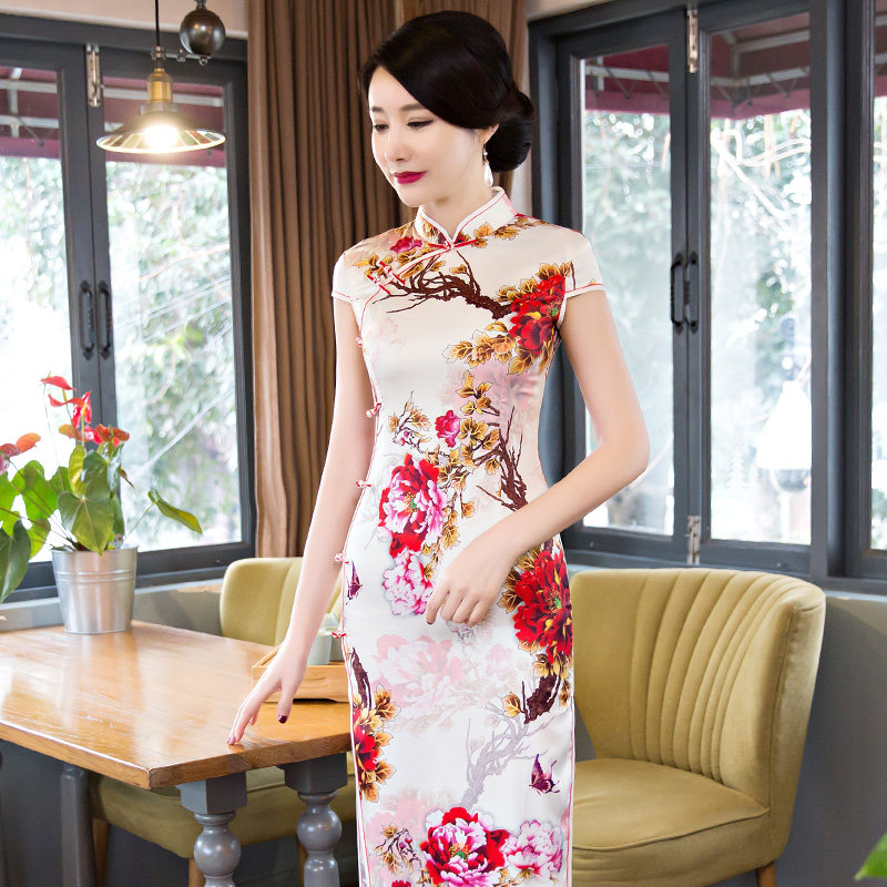 重磅真丝长款旗袍连衣裙 2022春秋新款修身少女改良旗袍大码礼服