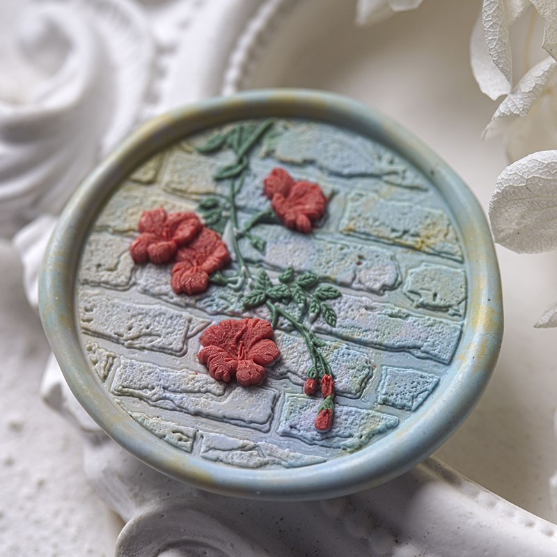 墨下【凌霄花】花草激光浮雕火漆印章章头 蜡粒手柄套装礼盒封口