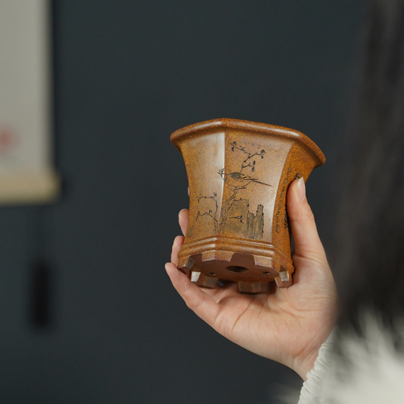 唯珍老段泥柴烧紫砂花盆精品六方刻绘多肉万年青菖蒲中国风桌面盆