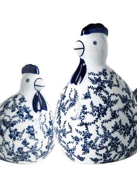 新品青花瓷陶瓷对鸡摆件客厅饰品陶瓷摆件吉祥鸡中式风可爱对鸡