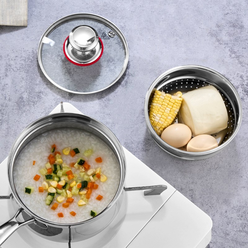 304不锈钢奶锅家用厨房加厚汤锅通用炉灶大容量带蒸格三层钢蒸锅