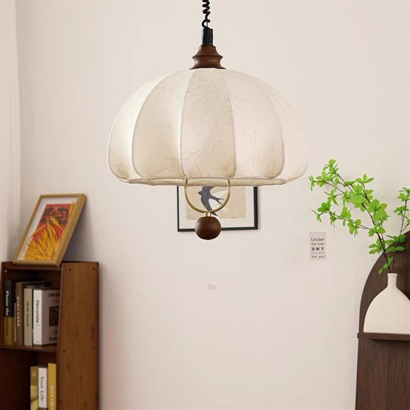 法式复古印花吊灯中古风可升降餐厅灯原木风布艺蘑菇吧台餐桌灯具