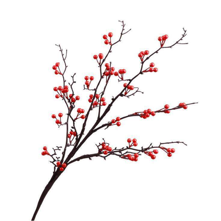【】5叉大枝红果子仿真花小浆果冬青果插花红绢花圣诞果田园跨境
