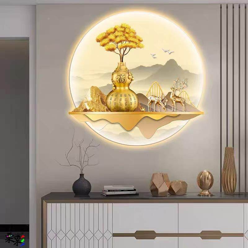 玄关走廊入迎UIS户圆形葫芦客松带灯l装e画d氛围灯发光挂山水画饰