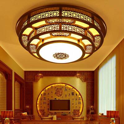 中厅式吸顶实木风大别灯墅8206仿古客LED复古圆形灯具家用厅大灯