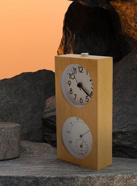 日韩原木闹钟婴KVL儿温度生湿时度计实木音夜光家静居钟学床头闹