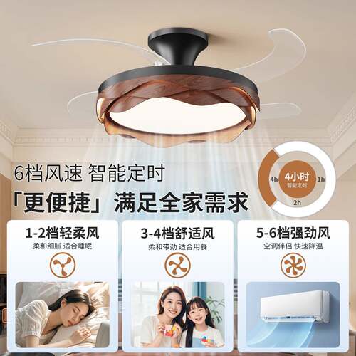 中风隐12909形风灯新款复古胡桃木护眼扇静音家用一体餐厅电古灯4
