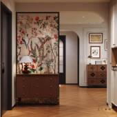 屏风隔断客移动玄关厅艺术玻璃入户FLC门现代简约正花鸟实木小座