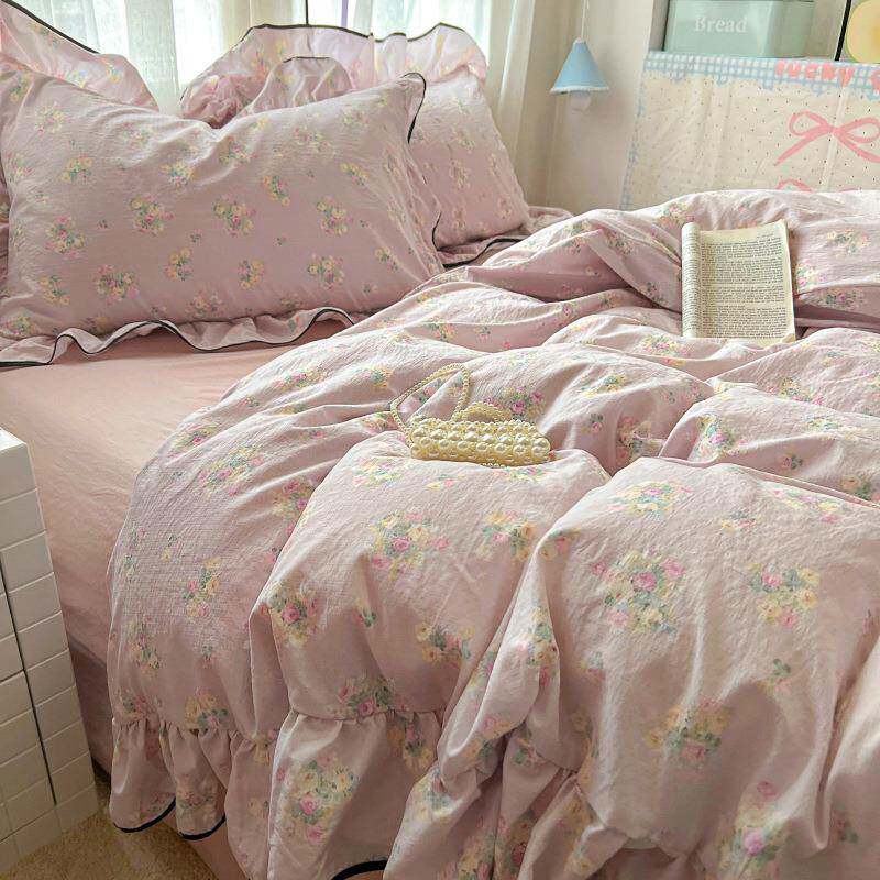 小清感CTH针织棉大花云边超软四件套床笠被新套床单学款生宿舍三