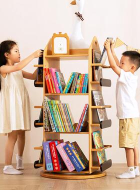W7儿旋转书架置物架实落木小型童地架62715多层小书柜宝幼儿宝绘