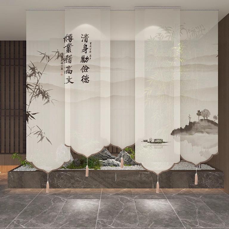 卷帘窗帘中式屏风隔断客厅卧室饰2223宋氏美遮阳山水水纱墨升装降