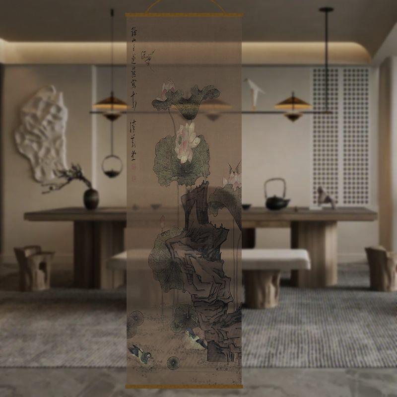 半透风明面荷荷花花双透景屏中式卷帘隔断帘挂帘水墨窗纱帘透光纱