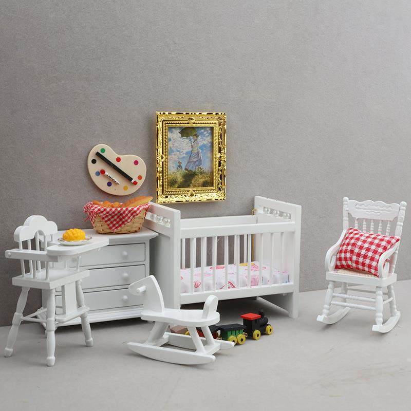112迷你娃娃屋家s具doCIJ:llho件ue摆12分模型婴儿卧室5件套床饭
