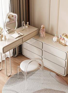 轻现代简约奶化妆台网红梳妆TJZ台小户型卧室妆台奢油风桌实木化