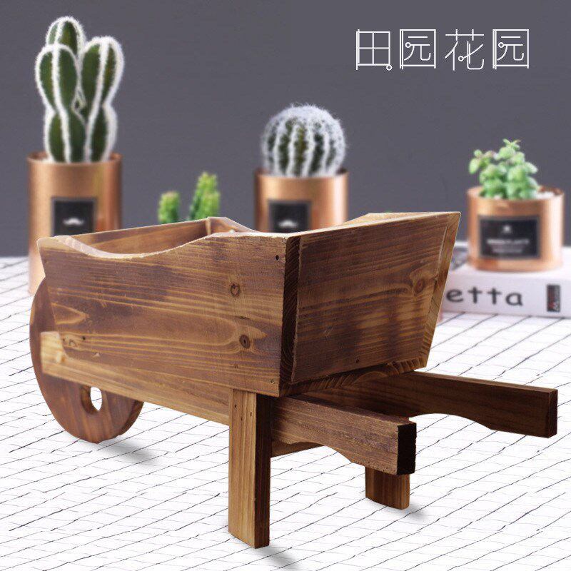 做旧手推花车 婚礼现场装饰摆件厂家 单轮花车多肉种植实木手推车