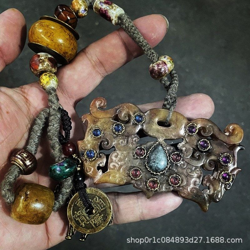 古玩复古岫玉双龙玉璧镶嵌宝石九眼天珠五帝铜钱兽面玉璧包浆把件,特色手工艺,其他特色工艺品,淘宝优惠券,粉丝福利购,淘宝优惠卷