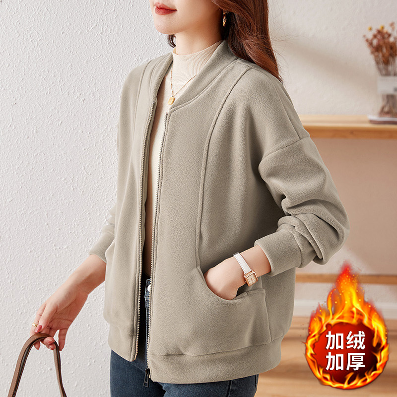 开衫卫衣外套女加绒加厚2024年新款秋冬款爆款宽松纯色棒球服上衣
