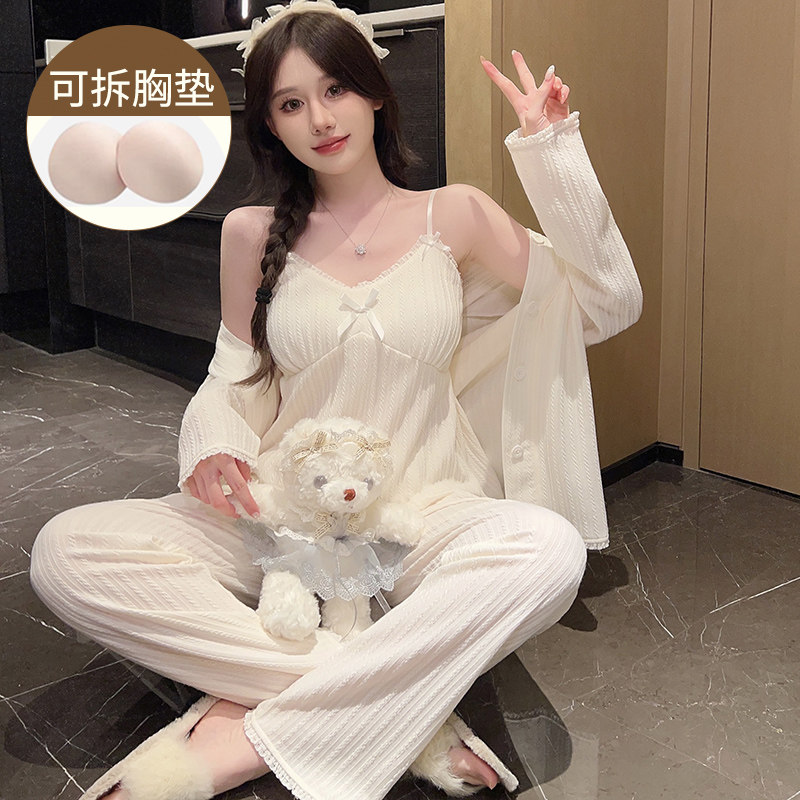带胸垫睡衣女士春秋季2024新款长袖纯棉高级感冬天三件套装家居服
