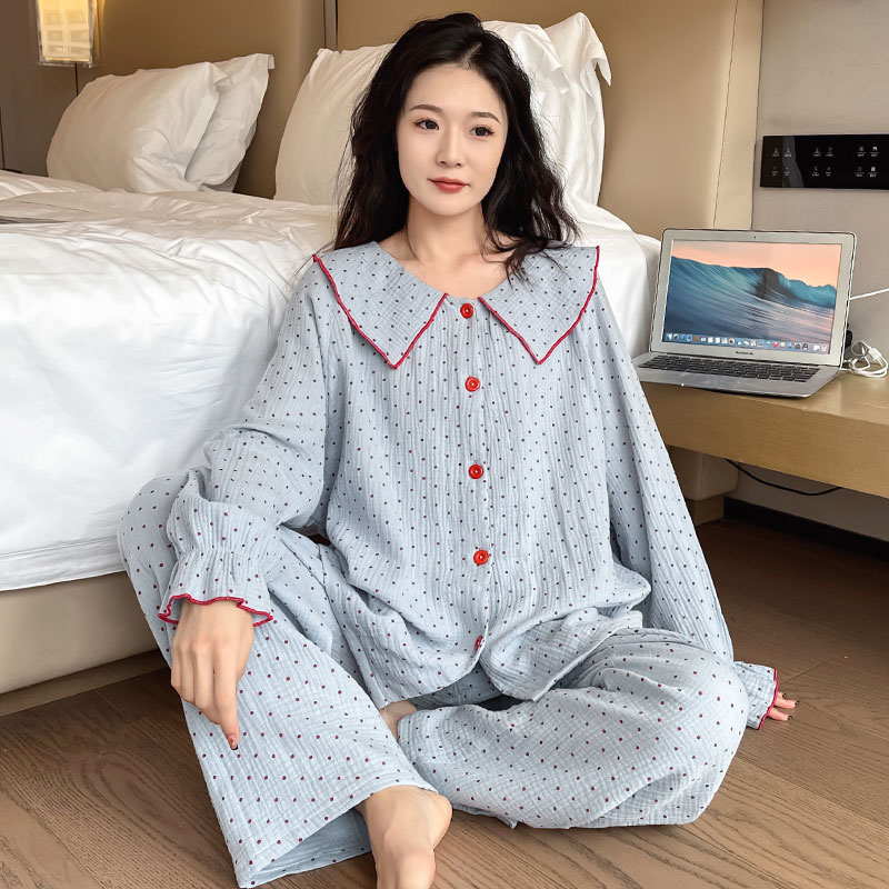 秋季波点棉纱睡衣大码女胖mm春秋款纯棉宽松开衫家居服全棉200斤