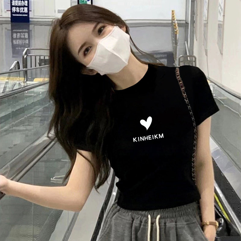 黑色纯棉短袖t恤女2025夏季紧身修身显瘦短款体恤正肩百搭上衣潮