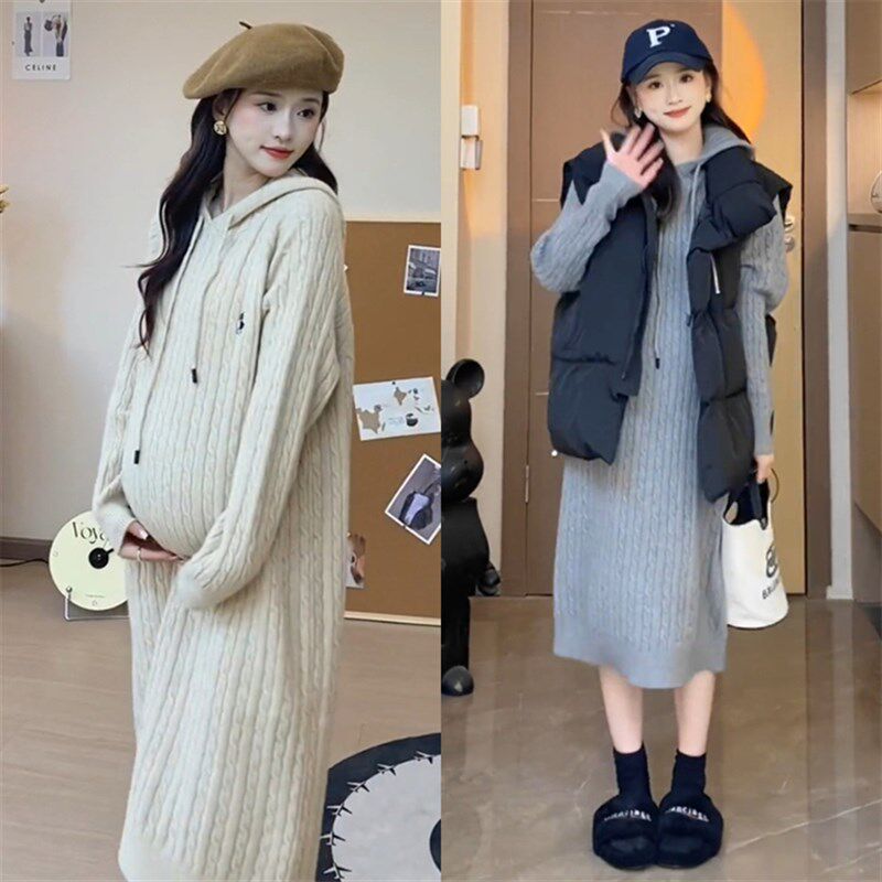 孕妇秋冬两件套保暖棉衣马甲中长版连帽洋装2023新款纯色百搭女