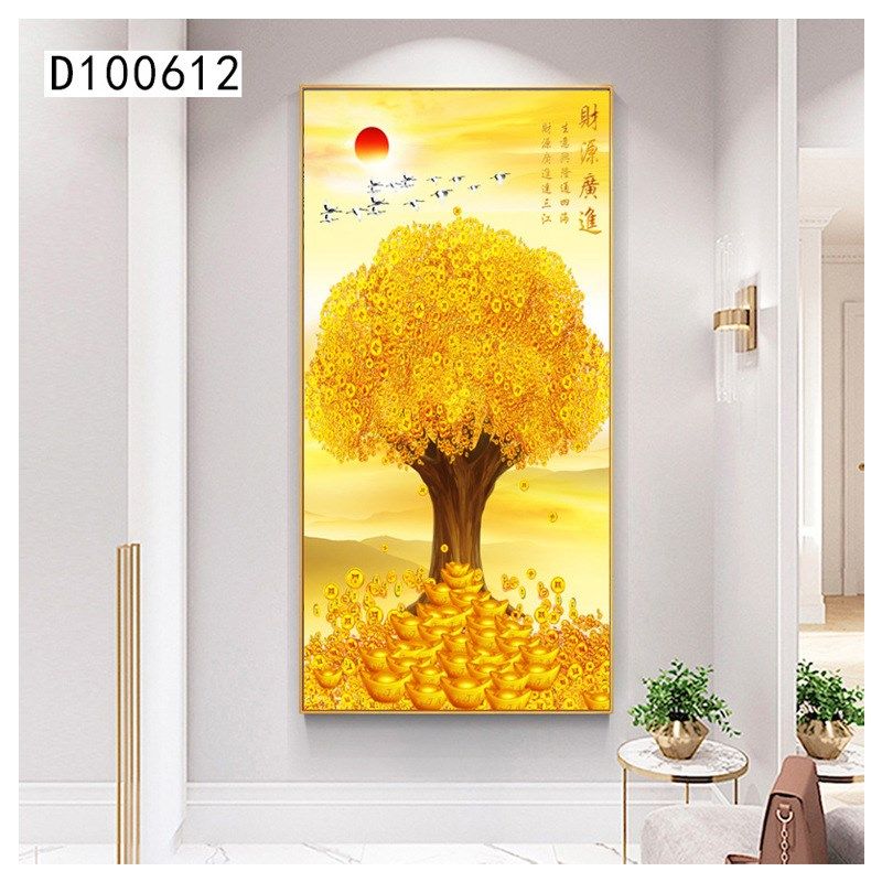新中式发财树入户玄关装饰画w富贵生财金树走廊过道壁画镶钻晶瓷