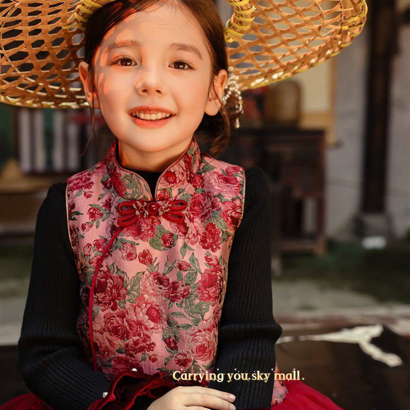 女童新中式国风连衣裙秋冬款儿童唐装旗袍裙宝宝周岁礼服公主裙子