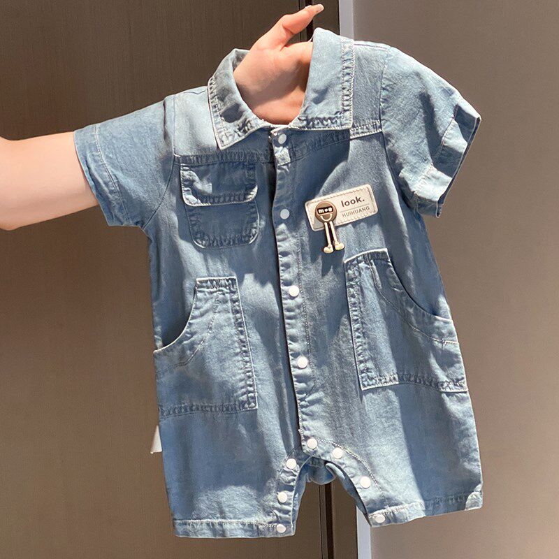 婴儿衣服夏装薄款短袖牛仔连体衣男女宝宝纯棉哈衣夏天外出服爬服