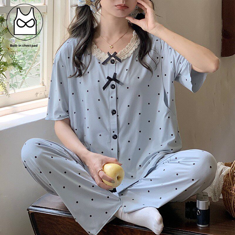 带乳垫的坐月子服五月夏产后薄纯棉短袖裤孕妇睡衣母乳喂养