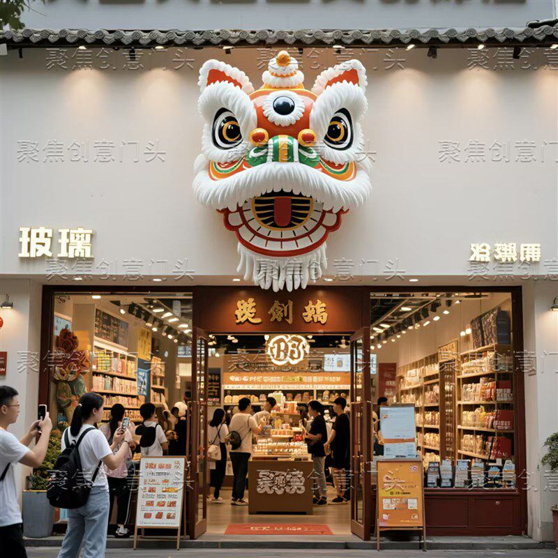 玻璃钢雕塑定制户外网红景区文创店舞狮立体N门头商业美陈装饰挂