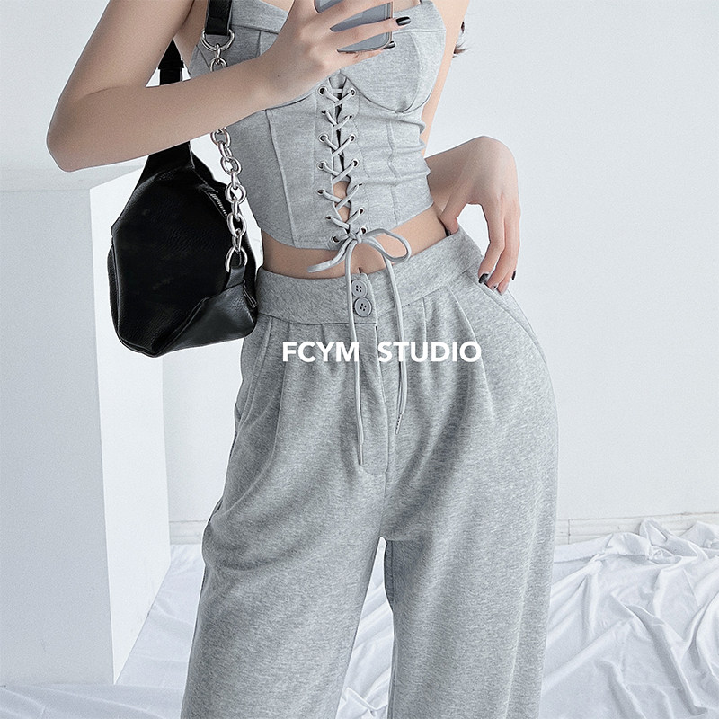 美式复古宽松显瘦直筒卫裤女高腰两粒扣垂感阔腿休闲裤子拖地长裤