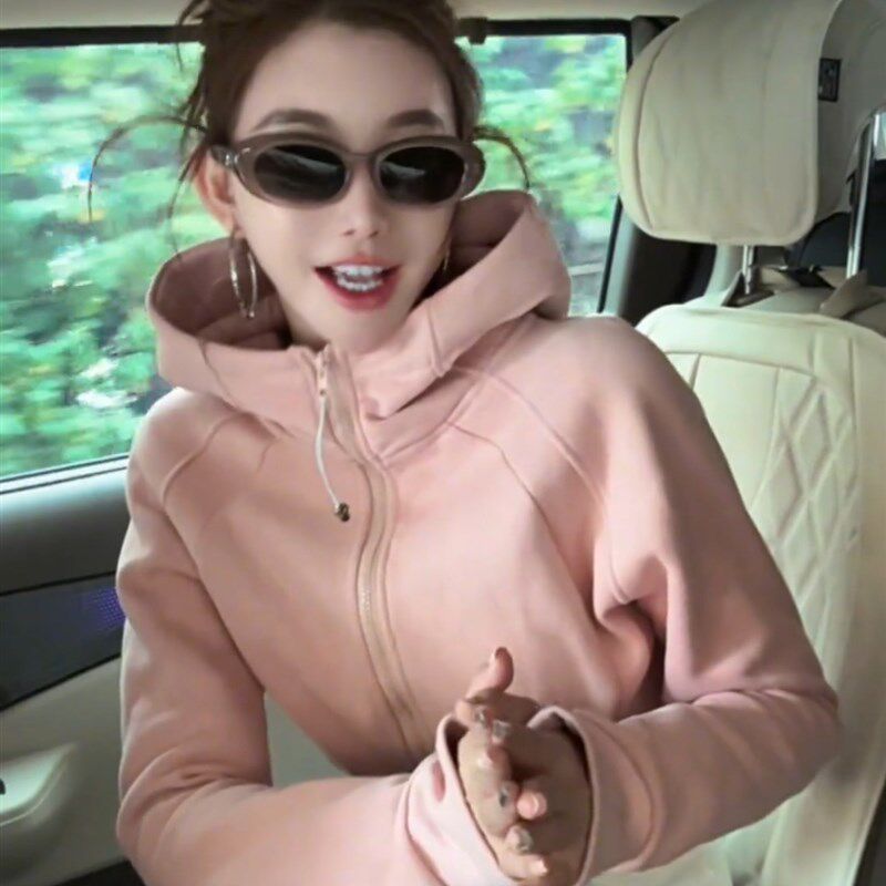 韩版防风领加绒短款连帽卫衣开衫女秋冬新款洋气减龄棒球服外套潮