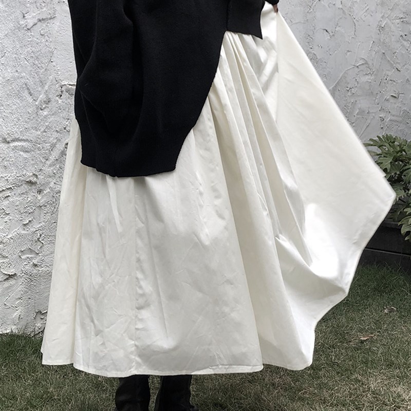 陆与山屿 设计款a字裙双层2021秋冬黑白色半身裙女百褶垂感短裙子