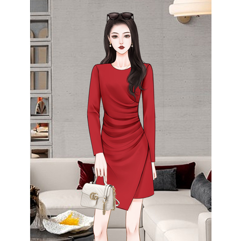 高级感复古法式红色洋装秋冬加厚女2024新款穿搭小个子礼服裙子