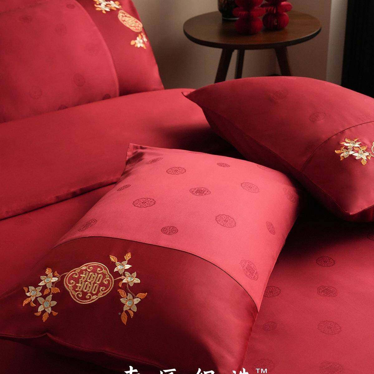 南匠提婚庆四件F套花FS758311结婚床四件套棉大红色喜字被床单上