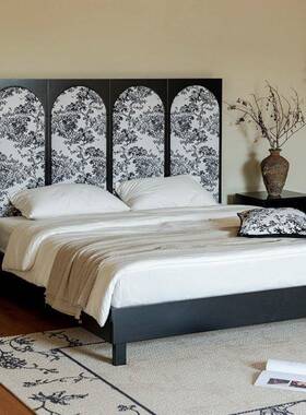 法式中轻国风树莓屏风床全实木黑色艺软包IQV布床简约白蜡木奢床1