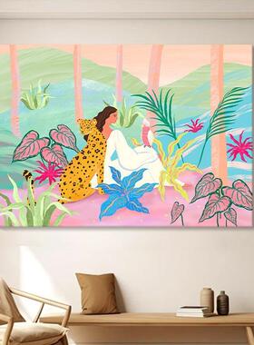 多胺新巴款树林抽象童豹子女孩绿植厅装饰客SZI画儿房挂画