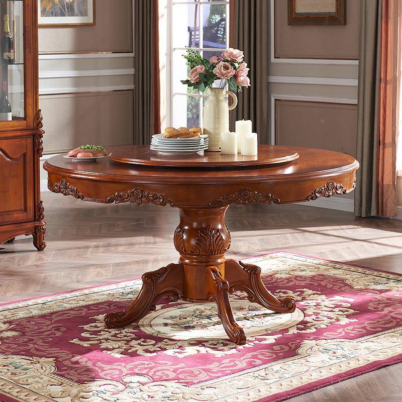 美式奢全雕盘11实木圆餐桌欧式简约带转餐厅1.5米轻别墅花食饭桌
