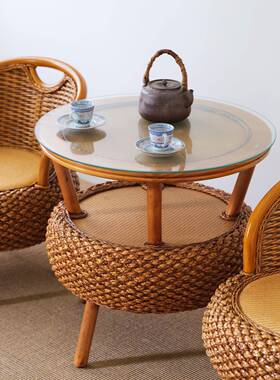 阳约台小矮藤椅三件套35611简藤条编椅靠背茶几圆形藤编老织人休