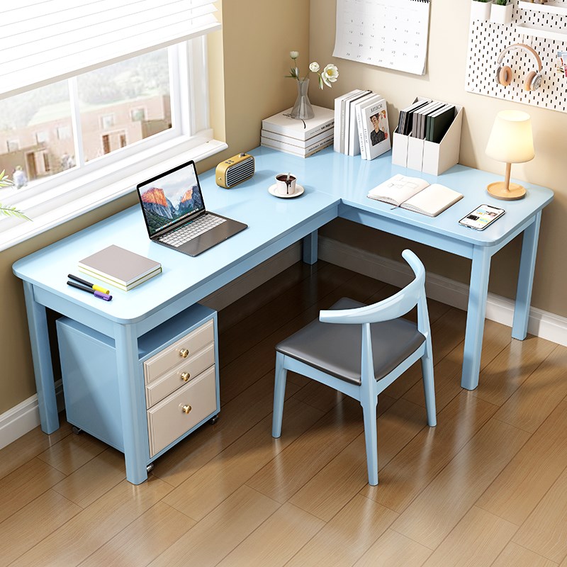 实木转角书桌书柜组合一体台式电脑桌现代简约家用卧室靠墙写字桌