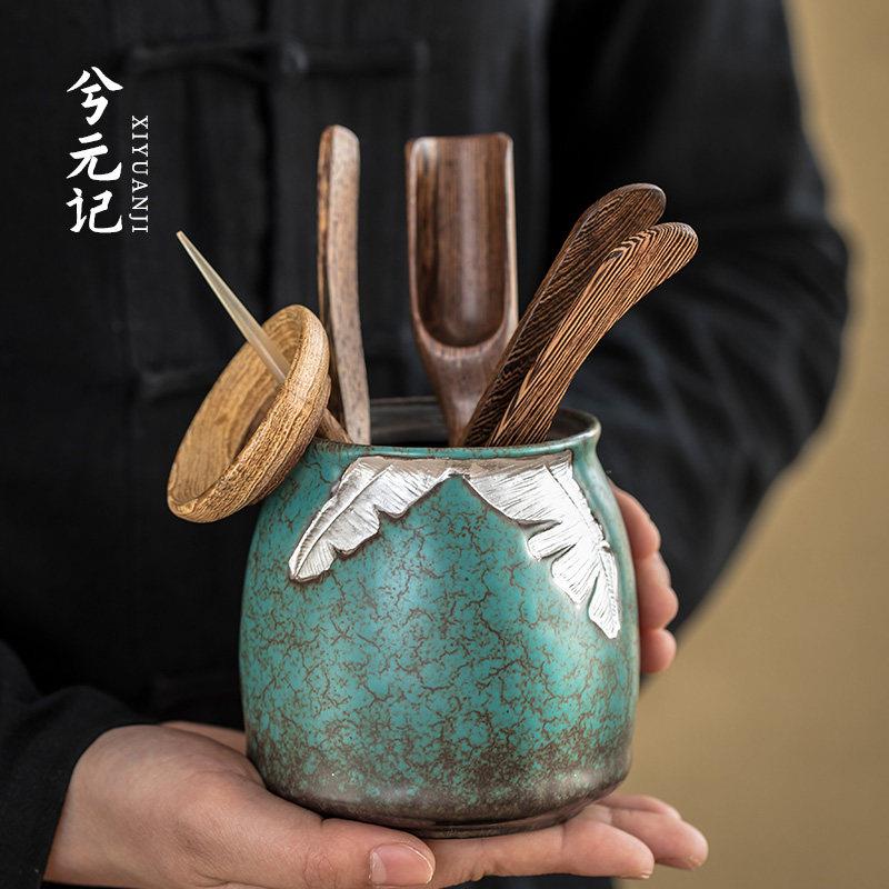 窑变孔雀绿茶道六君子套装家用功夫茶具配件鸡翅木茶夹茶针茶匙