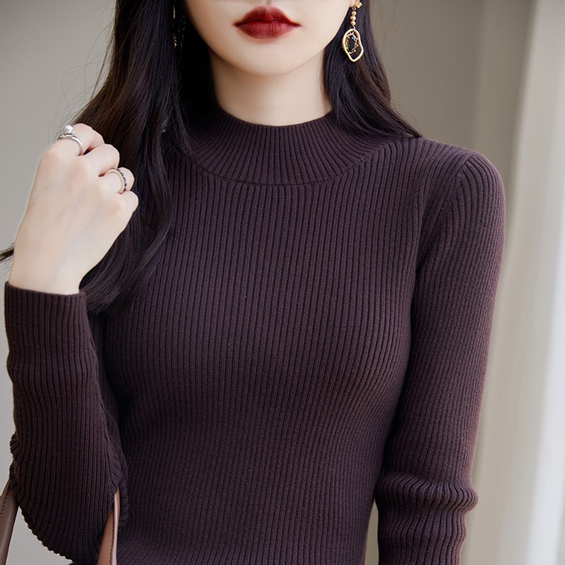 柔软亲肤~100%纯棉半高领毛衣秋冬女加厚内搭修身显瘦针织打底衫