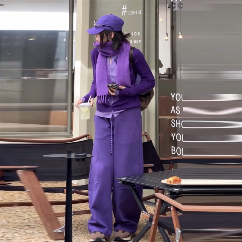 欧货时髦精穿搭套装轻熟紫色拼接假两件针织衫高腰阔腿裤子两件套