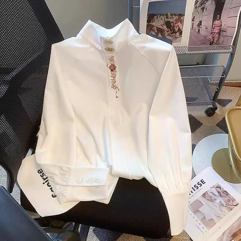 胖MM特大码300斤新中式国风上衣女春秋衬衣白色立领刺绣汉服衬衣2