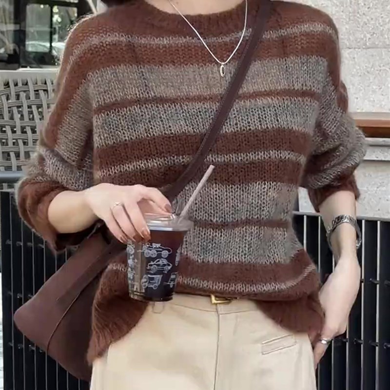 撞色条纹针织衫毛衣女款2024新款爆款早春欧货复古宽松慵懒风上衣