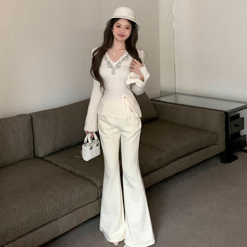 2024春季新款蕾丝V领开叉打底衫+修身显瘦长裤时尚轻奢御姐套装女