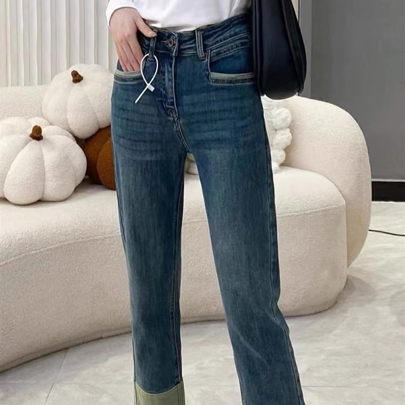 南瓜籽女装定制大码胖妹妹mm直筒牛仔秋冬高腰显瘦弹力九分烟管裤