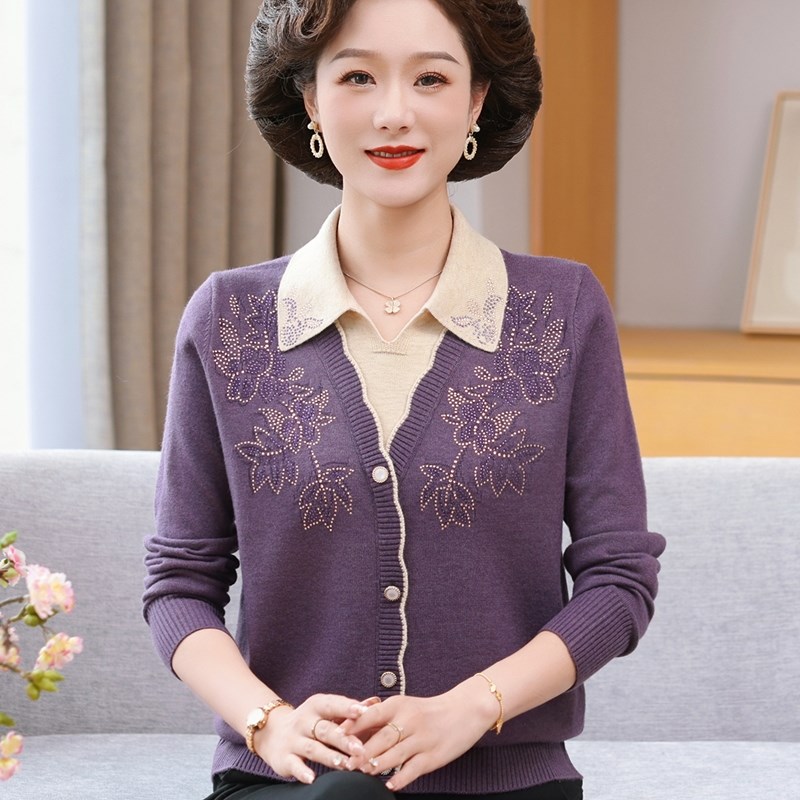 中年妈妈秋装针织打底衫翻领洋气假两件上衣中老年女秋冬长袖毛衣