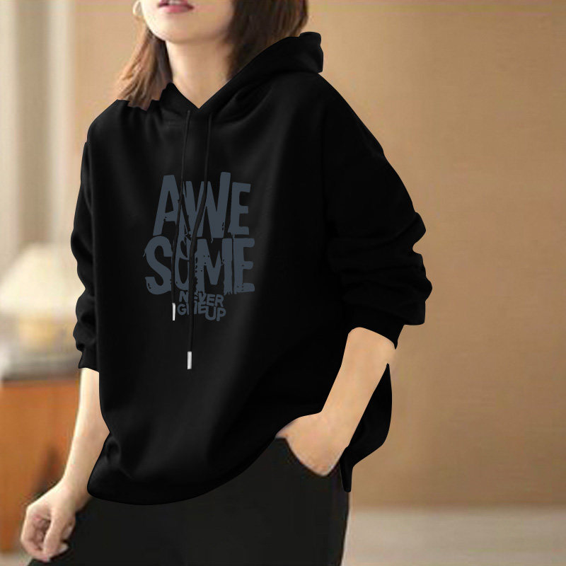 黑色女士连帽卫衣2024新款秋季韩版时尚洋气宽松加绒加厚外套秋冬