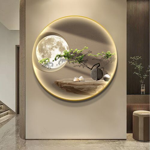 高级感入户玄关走道挂画圆t形发光画客厅茶室壁画侘寂风餐厅装饰